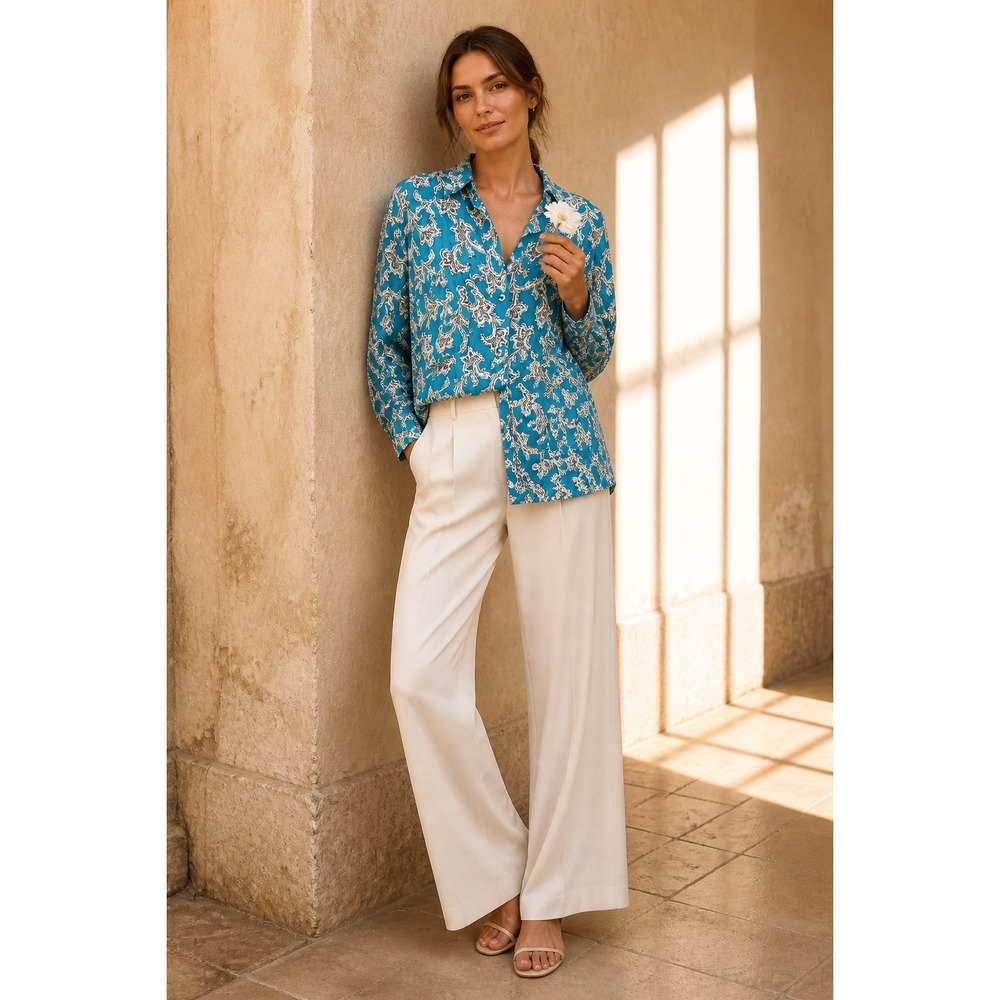 Anthropologie Pilcro Leilani Teal Paisley Viscose Button Long Sleeve  PTP:21